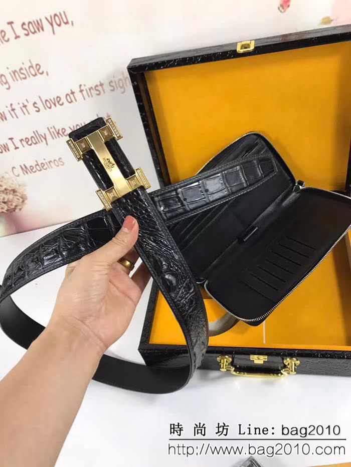愛馬仕HERMES 真鱷魚骨皮 不拼接皮帶 不拼接骨皮手包搭配高端男士皮帶 HHG1246
